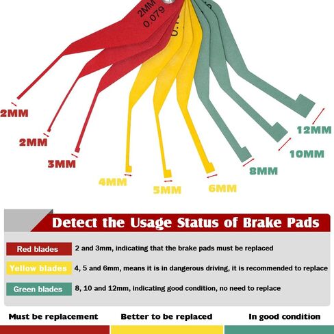 9-Piece Metal Brake Pad Gauge Set, Brake Gauge Measure Tool to Quickly Measure Brake Pad Wear, Brake Pad Thickness Gauge for Most Cars, Easy to Read Color Coded - 2mm to 12mm in Saudi Arabia