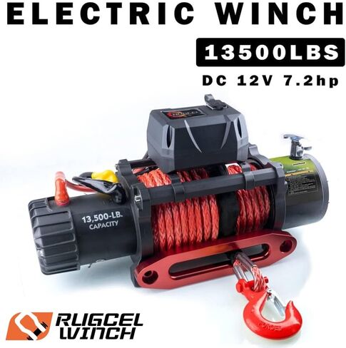 rugcel WINCH 13500lb مقاوم للماء شاحنة كهربائية ونش 12 فولت حبل صناعي جيب ونش مع Hawse Fairlead، مقبض سلكي و2 جهاز تحكم عن بعد لاسلكي، للمقطورة ورانجلر في رفع السيارة in Saudi Arabia
