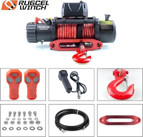 rugcel WINCH 13500lb مقاوم للماء شاحنة كهربائية ونش 12 فولت حبل صناعي جيب ونش مع Hawse Fairlead، مقبض سلكي و2 جهاز تحكم عن بعد لاسلكي، للمقطورة ورانجلر في رفع السيارة in Saudi Arabia