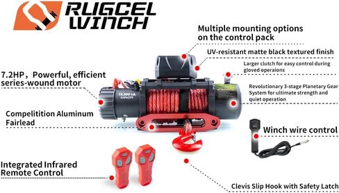 rugcel WINCH 13500lb مقاوم للماء شاحنة كهربائية ونش 12 فولت حبل صناعي جيب ونش مع Hawse Fairlead، مقبض سلكي و2 جهاز تحكم عن بعد لاسلكي، للمقطورة ورانجلر في رفع السيارة in Saudi Arabia