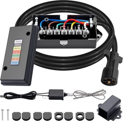 7 Way Trailer Cord and 7 Gang Junction Box Kit with 12V Breakaway Switch and Plug Holder Heavy Duty 8 FT Trailer Wiring Harness Kit for Trailers RVs Campers in Kuwait