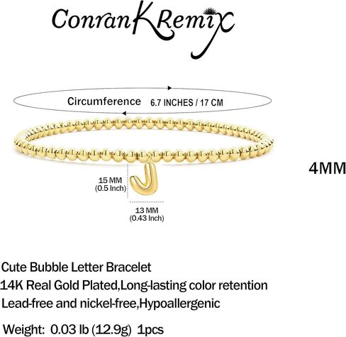 CONRAN KREMIX Gold Initial Bracelets For Women Girls Bubble Balloon Letter Charm Stretch Beaded Bracelet Womens Gift in Kuwait