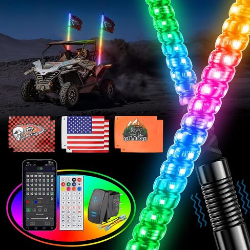 2PCS 3FT Whip Lights for UTV ATV with Spring Base, Tripled Brighter Led Whip Light W/Rocker Switch & 6 Flags, Spiral Chasing Lighted Antenna Whip with APP & Remote Control for RZR SXS Can-Am in Saudi Arabia