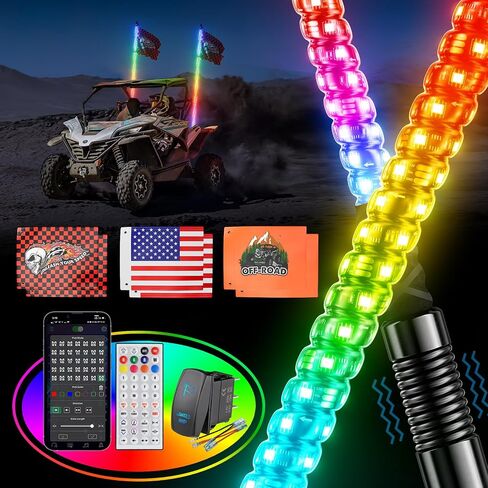 2PCS 3FT Whip Lights for UTV ATV with Spring Base, Tripled Brighter Led Whip Light W/Rocker Switch & 6 Flags, Spiral Chasing Lighted Antenna Whip with APP & Remote Control for RZR SXS Can-Am in Saudi Arabia