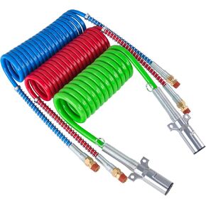 15 Ft Coiled Air Brake Hoses & ABS Electrical Power Wire Assembly Kit 3 in 1 Semi Truck Air Lines Kit Coiled 7 Way Trailer Cord and Air Brake Hoses for Semi Trucks Trailers Tractors
