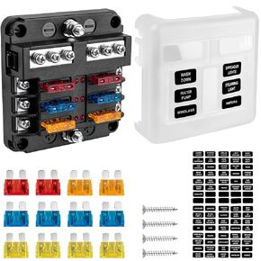 BetyBedy 6 Way Fuse Block, 12V Marine Fuse Box with LED Indicator, Automotive 6-Circuit Blade Fuse Block with Waterproof Cover for RV Motorcycle Boat Vehicle, 12PCS Fuses ＆ Tip Stickers Included