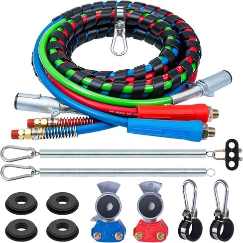 Semi Truck Air Lines Kit 12 FT 3 in 1 ABS Power Air Line Air Hoses with Gladhands and Tender Spring Kit for Semi Truck Tractor Trailer in Kuwait