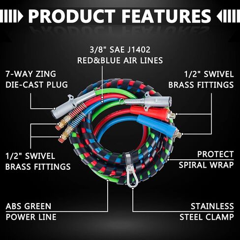 Semi Truck Air Lines Kit 12 FT 3 in 1 ABS Power Air Line Air Hoses with Gladhands and Tender Spring Kit for Semi Truck Tractor Trailer in Kuwait