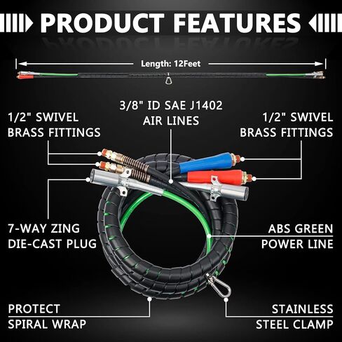 Semi Truck Air Lines Kit 12 FT 3 in 1 ABS Power Air Line Air Hoses with Gladhands and Tender Spring Kit for Semi Truck Tractor Trailer in Kuwait