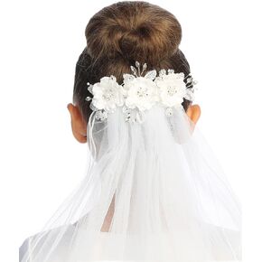 Pink Princess Girls First Communion Veil Holy 1st Communion Headpiece with Flowers Pearls Head Pieces for Catholic Accessories Velos de Primera Comunion