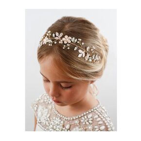 SWEETV HAIRBAND - Handmade Flower Girl Headpiece with Light Ivory Simulated Pearls, Bright Crystals, Clear Beads for Wedding, Party, First Communion, Girls' Princess-Style Special Occasions