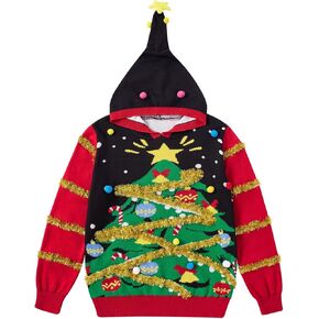 Boys Girls Ugly Christmas Sweaters Size 5-12T Kids Christmas Novelty Hoodie Sweater Xmas Tinsel Garland Funny Pullover