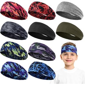 Sratte 10 Pieces Boys Headbands, 16 inch Elastic Athletic Sweatbands, Soft Wicking Headband for Boys Sports Kids, 3.3 inches Wide, Multiple Colors, Novel Style