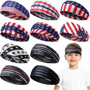 10 Pieces Boys Athletic Sweatbands - 16 inch Elastic Wicking Headbands, Soft Head Wraps for Sports and Kids (Flag Style)