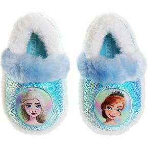 Disney Frozen Elsa and Anna Girls Slippers - Plush Non-Slip Comfy Fluffy Lightweight Warm Comfort Soft Aline Indoor House Slippers (Toddler/Little Kid)