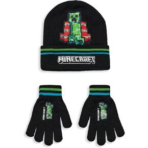 Minecraft Boys Beanie & Gloves Set | Gamer Kids TNT Creeper Graphic Knitted Winter Bundle Character Hat & Gloves
