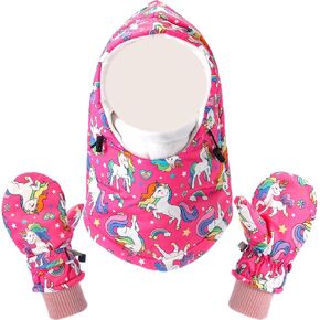 Geyoga Kids Winter Balaclava Snow Ski Hats Mittens Windproof Gloves Waterproof for Winter Warm Ages 2-6 Toddler