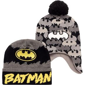 Warner Bros. Boys' Batman Winter Hat - 2 Pack Superhero Pom Pom Beanie with Ear Flaps, Size 4-7, Batman