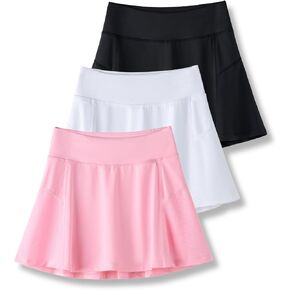 3 Pack Girls' Athletic Skirts with Built-in Shorts and Pockets, Youth Kids Skorts Tennis Golf Running