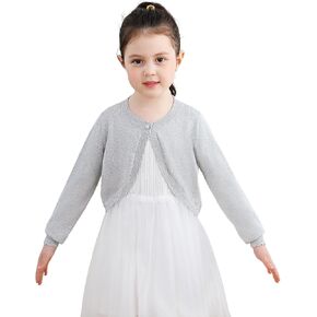 Sparkle Cardigan for Girls,Long Sleeve Bolero Shrug W/ 2 Style Button, Open Front Cropped Knit Sweater 3-13Y