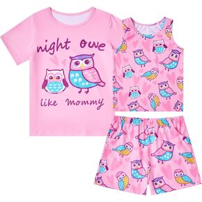 uideazone Girls Pajamas 3 Pieces Set Shirts&Tank Shorts Pjs Sets Cute Sleepwear Size 5-14