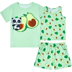 uideazone Girls Pajamas 3 Pieces Set Shirts&Tank Shorts Pjs Sets Cute Sleepwear Size 5-14