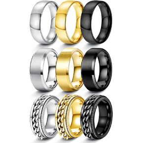FIASASO 9Pcs Wedding Band Rings for Men Stainless Steel Ring Mens 8MM Width Wedding Bands Silver Black Gold Male Ring Engagement Chain Ring Set Size 6-14