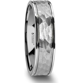 Mens Comfort Fit -Dual Offset Grooves Hammered Finish Center White Tungsten Carbide Wedding Band - Polished Edges - 6mm 8mm Wide - Style name: THORNTON
