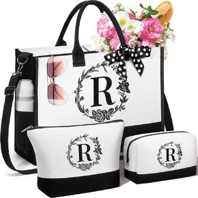 Personalized Valentines Day Gifts for Women, Initial Canvas Tote Bag & Makeup Bag Monogrammed Beach Tote Bag for Women w/Zipper, Birthday Gifts for Women Her Girlfriend Wife Mom Sister Friend Daughter