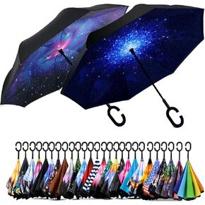 SIEPASA 49/56 Inch Inverted Reverse Upside Down Umbrella, Extra Large Double Canopy Vented Windproof Waterproof Stick Golf Umbrellas with C-shape Handle.