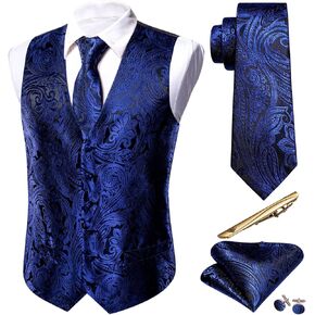 Barry.Wang Formal Men Flower Vest Paisley Jacquard Silk Ties Suit Waistcoat Set Wedding 5PCS