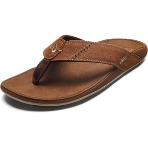OluKai Nui Men's Beach Sandals, Full Grain Leather Flip-Flop Slides, Compression Molded Footbed & Ultra-Soft Comfort Fit