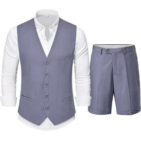 Hihawk Men’s 2-Piece Linen Vest Pants, Lightweight Waistcoat Shorts, Casual Wedding Beach Summer Prom Homecoming Outfit