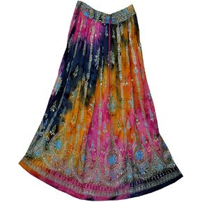 Women's Tie Dye Yoga Trend Sequined Crinkle Broomstick Gypsy Long Skirt, Red Multi, 36 INCHES