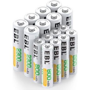 EBL AA AAA Batteries Combo 16 Sets with 8PCS AA 2300mAh and 8-Count AAA 1100mAh Rechargeable Batteries