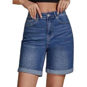 Luvamia شورت جينز للنساء عالي الخصر عصري كاجوال صيفي قابل للطي بحاشية طويلة قابلة للتمدد من قماش الدنيم 7 بوصة درزة داخلية in Kuwait