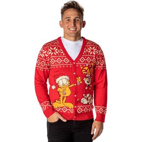 Garfield Men's Odie and Garfield Christmas Ugly Sweater Button-Up Knit Cardigan