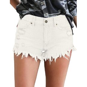 Luvamia شورت جينز نسائي كاجوال بخصر عالٍ من قماش الدنيم الممزق بحاشية خام in Kuwait