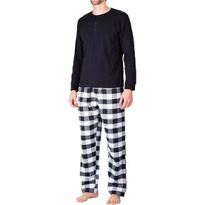 Men’s Pajama Set Pajamas For Men 2 Piece PJ Set with Cotton Flannel Men Pajama Pants and Long Sleeve Henley T-Shirt