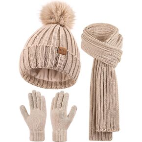 Winter Beanie Hat Scarf Gloves Set for Women Fleece Lined PomPom Hat Touchscreen Gloves