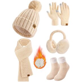 Yusongirl Winter Women Scarf Gloves Beanie Ear Muffs Socks Set Cold Weather Warm Knit Hat Fleece Long Neck Warmer 5 in 1 Set