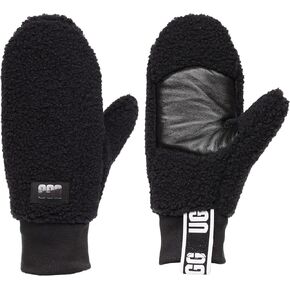 UGG Women's UGGFluff Logo Tape Mittens - Soft Polyester Body, Leather Palm Patch