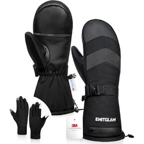 2 in 1 Winter Ski Mittens for Men & Women with Fleece Glove Liners, Waterproof Winter Ski Gloves Made with 3M C100 Insulation, 5-Layer Fabric Snowboard Mittens with Touchscreen Inner Gloves