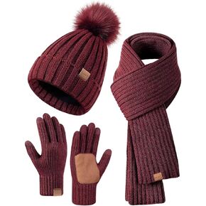 Winter Beanie Hat Scarf Gloves Set for Women, Womens Beanie with Pom Pom Long Scarf Neck Warmer Touchscreen Gloves 3 in 1 Set