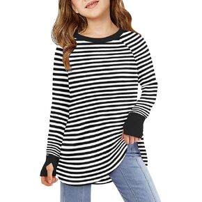 Haloumoning Girls Striped Thumb Hole Long Sleeve Shirts Kids Crewneck Tunic Tops Curved Hem Tees 5-14 Years