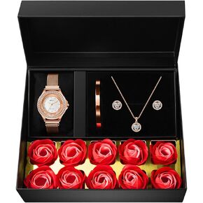 Watches Sets Gifts for Women, Rose Gold Watch Set Necklace Earring Bracelet 4 Pieces Jewelry Set for Mom Wife Girlfriend Anniversary Birthday Christmas Valentine's Day Gifts