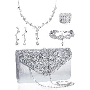Henoyso 5 Pcs Purse Rhinestone Jewelry Set Rhinestone Clutch Purse Bride Prom Jewelry Necklace Earrings Bracelets for Women
