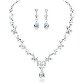 Hadskiss Jewelry Set for Women, Necklace Dangle Earrings Bracelet Set, Jewelry Set with White AAA Cubic Zirconia, Allergy Free Wedding Party Jewelry for Bridal Bridesmaid