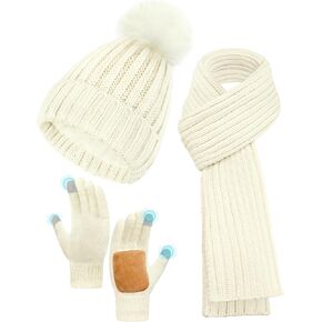 Winter Hat Scarf Glove Set for Women,Fleece Lined Thermal Women Beanie with Pom,Long Knit Scarf,Touchscreen Non-Slip Gloves