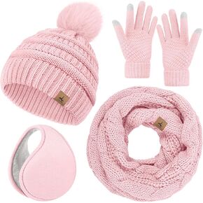 Winter Hat Scarf Gloves and Ear Warmer, Warm Knit Beanie Hat Touch Screen Gloves Set Winter Gifts Neck Scarves for Women
